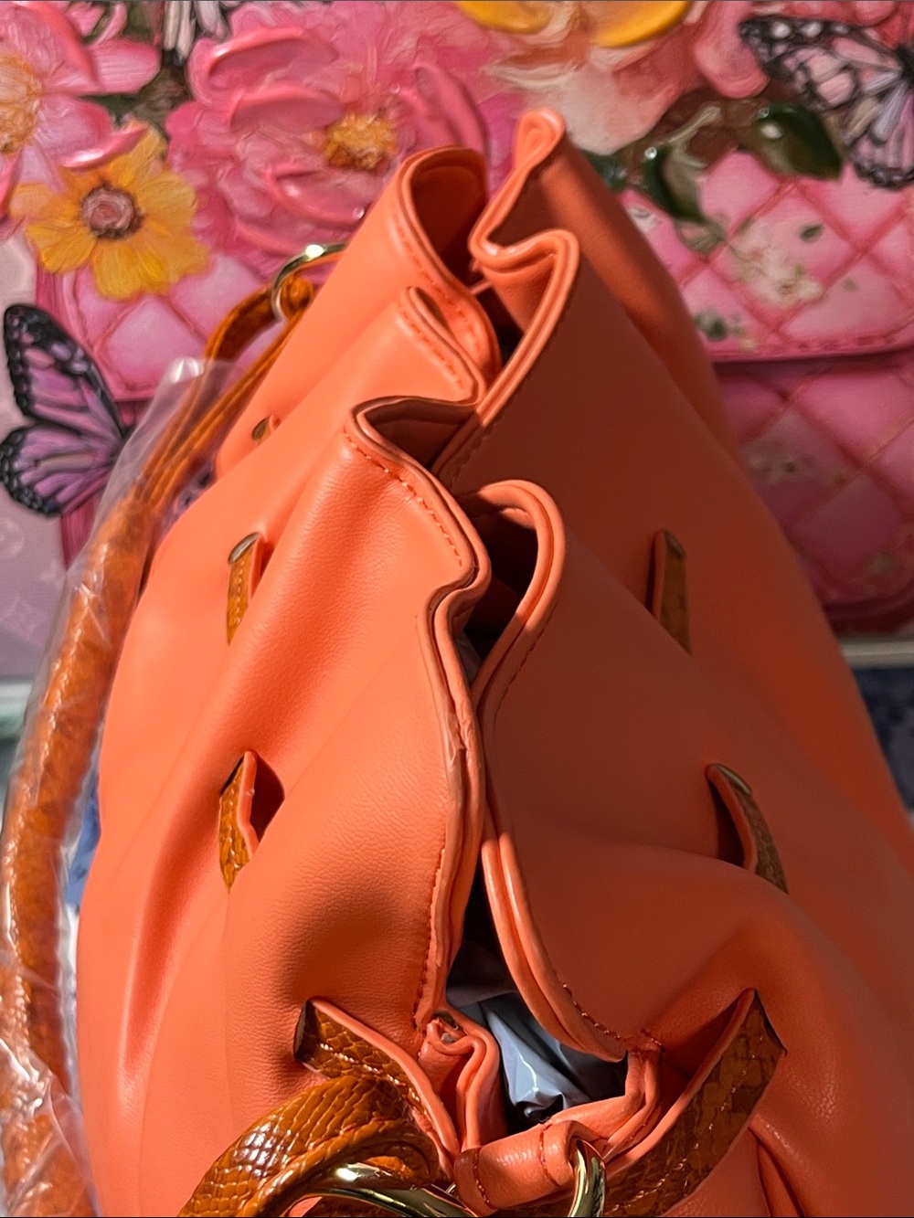Badgley Mischka Coral-Orange Vegan Leather Shoulder /Crossbody w snake skin trim - Picture 8 of 16